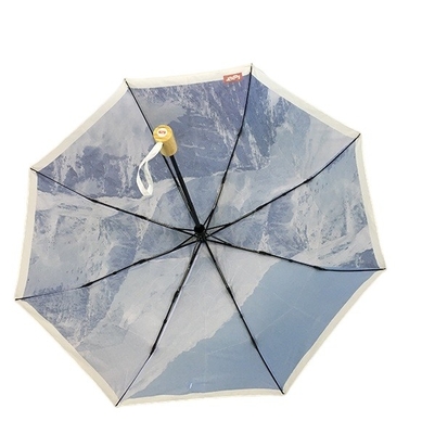 Digital Printing Metal Frame Windproof Folding Umbrella With Bamboo Handle