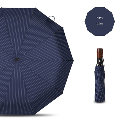 Three Fold Automatic Wooden Handle Compact Windproof Umbrella Business Style