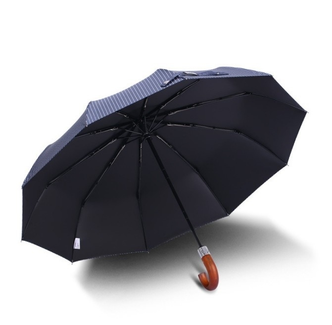 22&quot; 3 Folding Pongee Fabric Wooden Handle Umbrella