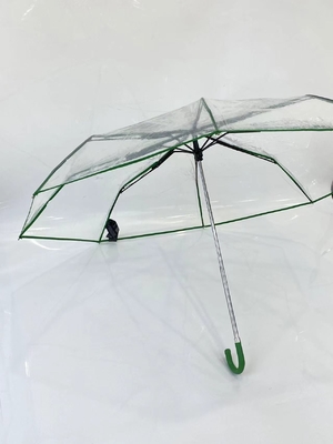 Minimalist Manual Open , Three Fold Leather Handle Transparent Rain Umbrella 21 Inches Easy To Carry