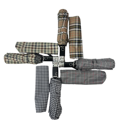 3 Folds Pongee With Plaid Umbrella Umbrella With Metal Frame And Automatic Handle