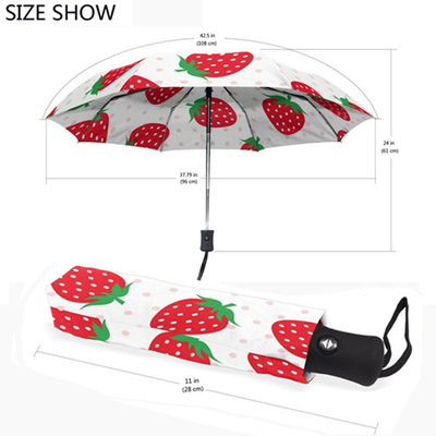 Compact 3 Folds Strawberries Pongee Umbrella With 8 Ribs And Automatic Open / Close