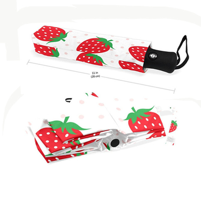 Compact 3 Folds Strawberries Pongee Umbrella With 8 Ribs And Automatic Open / Close