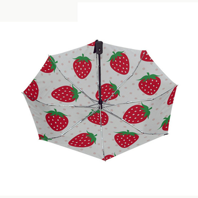 Compact 3 Folds Strawberries Pongee Umbrella With 8 Ribs And Automatic Open / Close
