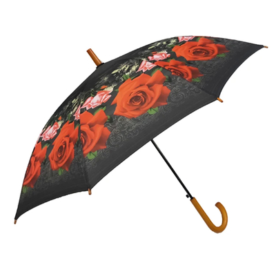 Windproof Wooden Handle Umbrella With Fiberglass Ribs And Pongee Canopy