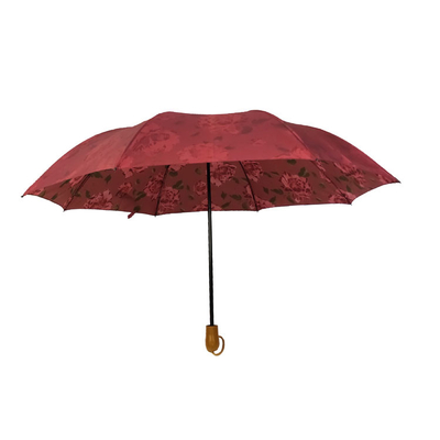 8 Ribs 2 Folding Automatic Umbrella With Wooden Handle And  Flower Pongee Cloth