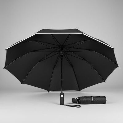 Large Automatic Travel Umbrella with 105cm Open Diameter, Fiberglass Ribs, and Reflective Edge Trim