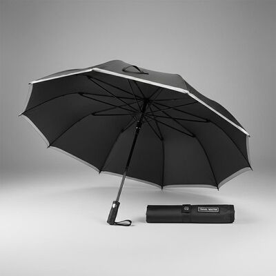 Large Automatic Travel Umbrella with 105cm Open Diameter, Fiberglass Ribs, and Reflective Edge Trim