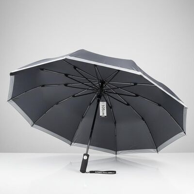 Large Automatic Travel Umbrella with 105cm Open Diameter, Fiberglass Ribs, and Reflective Edge Trim