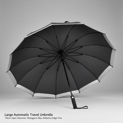 Large Automatic Travel Umbrella with 105cm Open Diameter, Fiberglass Ribs, and Reflective Edge Trim