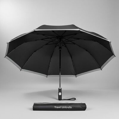 Large Automatic Travel Umbrella with 105cm Open Diameter, Fiberglass Ribs, and Reflective Edge Trim