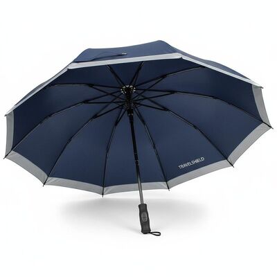Large Automatic Travel Umbrella with 105cm Open Diameter, Fiberglass Ribs, and Reflective Edge Trim