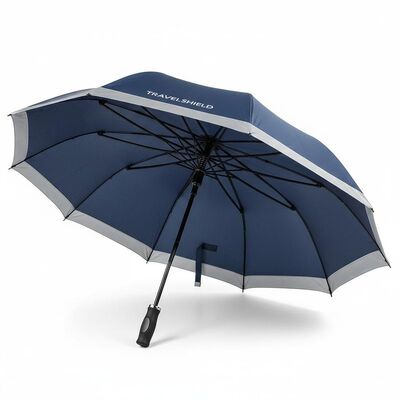 Large Automatic Travel Umbrella with 105cm Open Diameter, Fiberglass Ribs, and Reflective Edge Trim