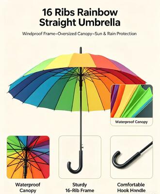Bright Rainbow 16K Long Handle Straight Umbrella 27 Inch Large Space Sun Rain Umbrella for Family Outdoor