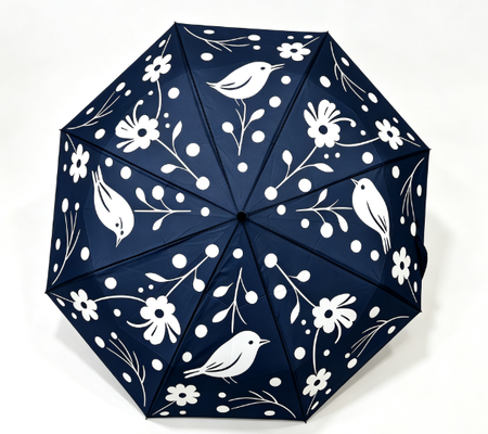 Navy Blue White Bird Floral Print Automatic 3 Fold Umbrella Anti UV Windproof Sun Rain Parasol for Women Daily Travel Outdoor Commute