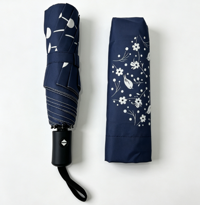 Navy Blue White Bird Floral Print Automatic 3 Fold Umbrella Anti UV Windproof Sun Rain Parasol for Women Daily Travel Outdoor Commute