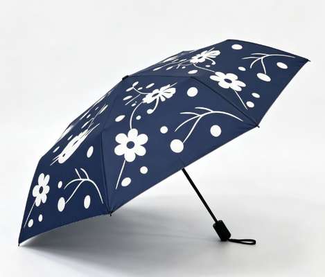 Navy Blue White Bird Floral Print Automatic 3 Fold Umbrella Anti UV Windproof Sun Rain Parasol for Women Daily Travel Outdoor Commute