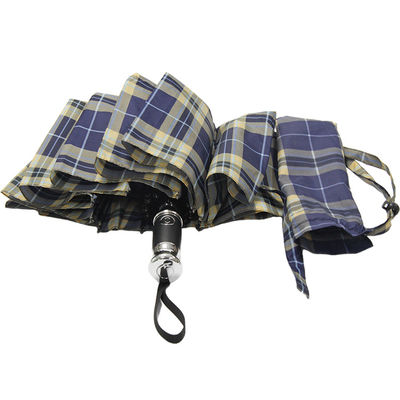 Check And Stripe Metal Shaft Pongee Fabric 3 Foldable Umbrella For Men
