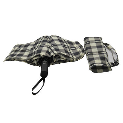 Black White Grid 8mm Metal Shaft Three Folding Umbrella Automatic Open Close