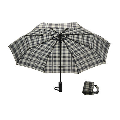 Black White Grid 8mm Metal Shaft Three Folding Umbrella Automatic Open Close
