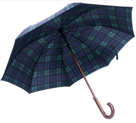 103cm 190T Pongee Gingham Wooden J Stick Umbrella