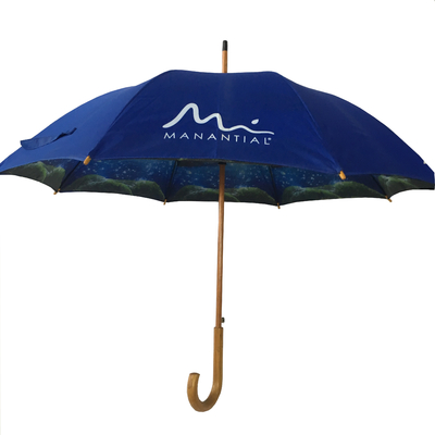 Auto Open Double Layer 190T Pongee Fabric Wooden J Handle Umbrella
