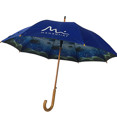 Auto Open Double Layer 190T Pongee Fabric Wooden J Handle Umbrella