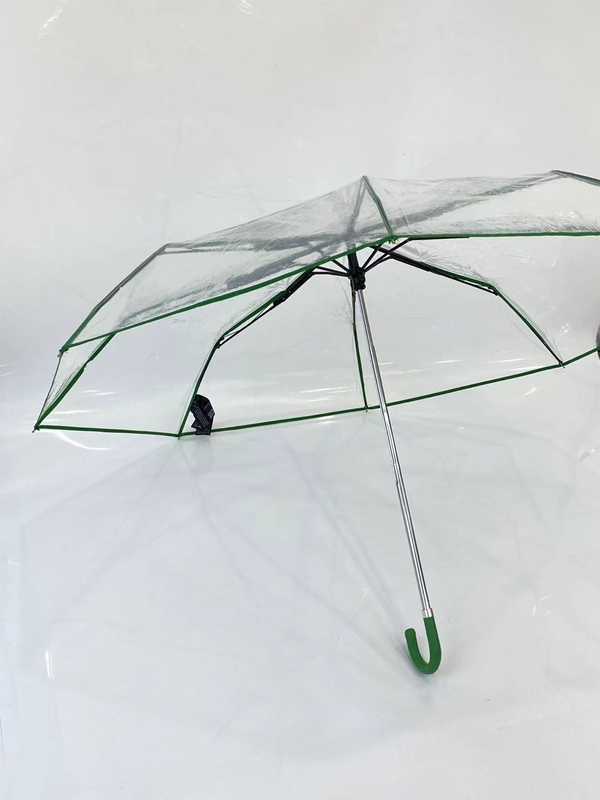 Minimalist Manual Open , Three Fold Leather Handle Transparent Rain Umbrella 21 Inches Easy To Carry