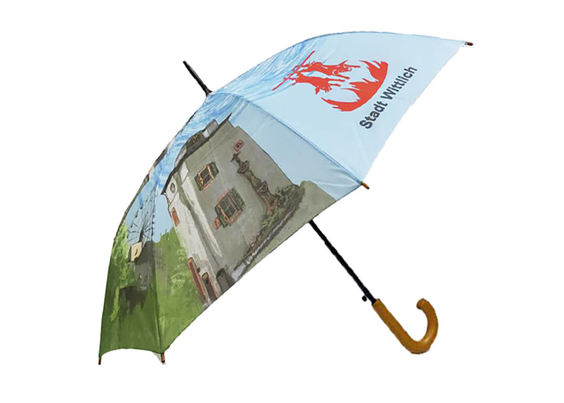Customized Printed Auto Open Stick Umbrella Curved Handle Unique Canopy